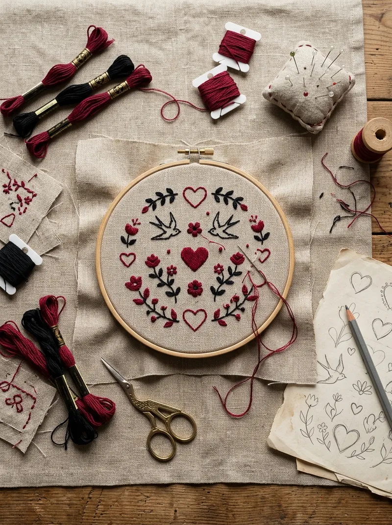 Tambours à broder, fil rouge et noir et esquisses au crayon de cœurs et d'hirondelles